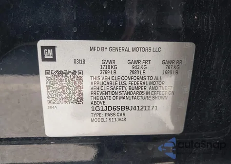 2018 Chevrolet Sonic Lt Auto из США, поврежденный, VIN 1G1JD6SB9J4121171